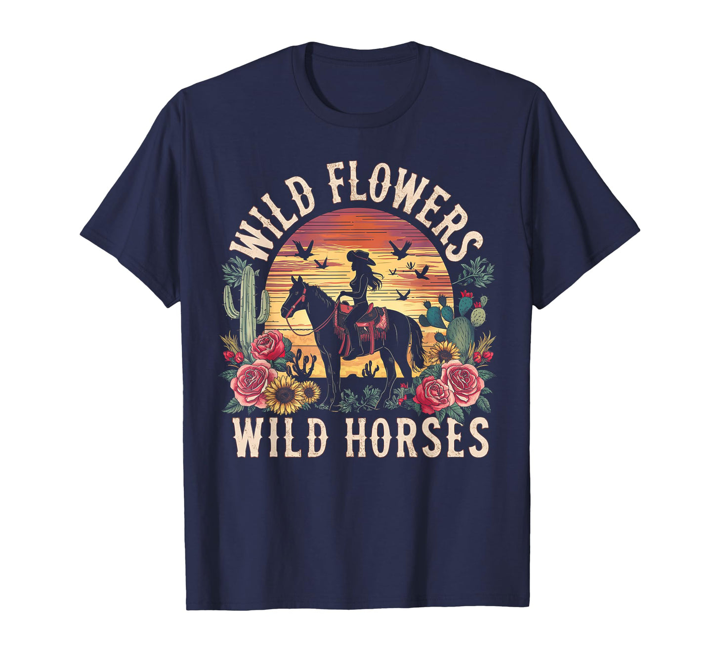 Retro Southern Sunset Cowgirl Wild Flowers Wild Horses T-Shirt