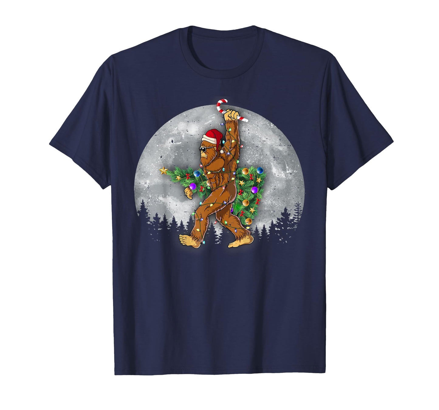 Santa Bigfoot Christmas Tree Xmas Lights Funny Sasquatch T-Shirt