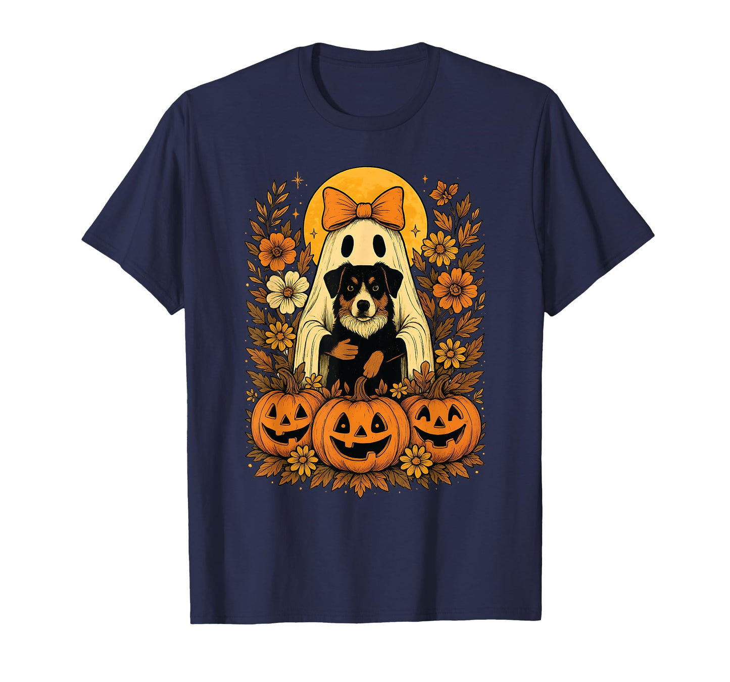 Vintage Halloween Ghost Holding Australian Shepherd Dog T-Shirt