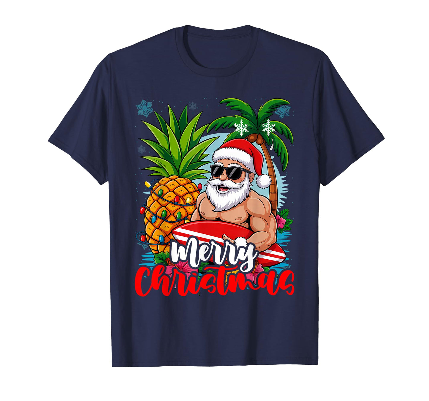Merry Christmas Xmas Lights Santa Surfing Hawaiian Pineapple T-Shirt