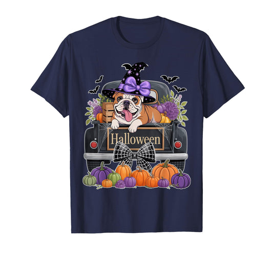 English Bulldog Witch Hat Truck Pumpkin Dog Lovers Halloween T-Shirt