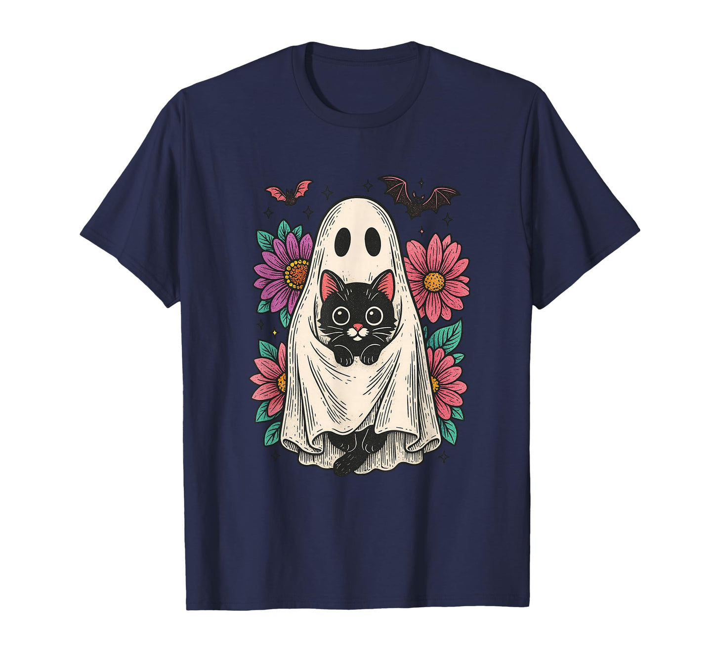Vintage Halloween Ghost Holding Black Cat Groovy Floral T-Shirt