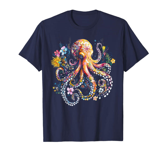 Vintage Floral Octopus Marine Biologist Ocean Sea Animal T-Shirt