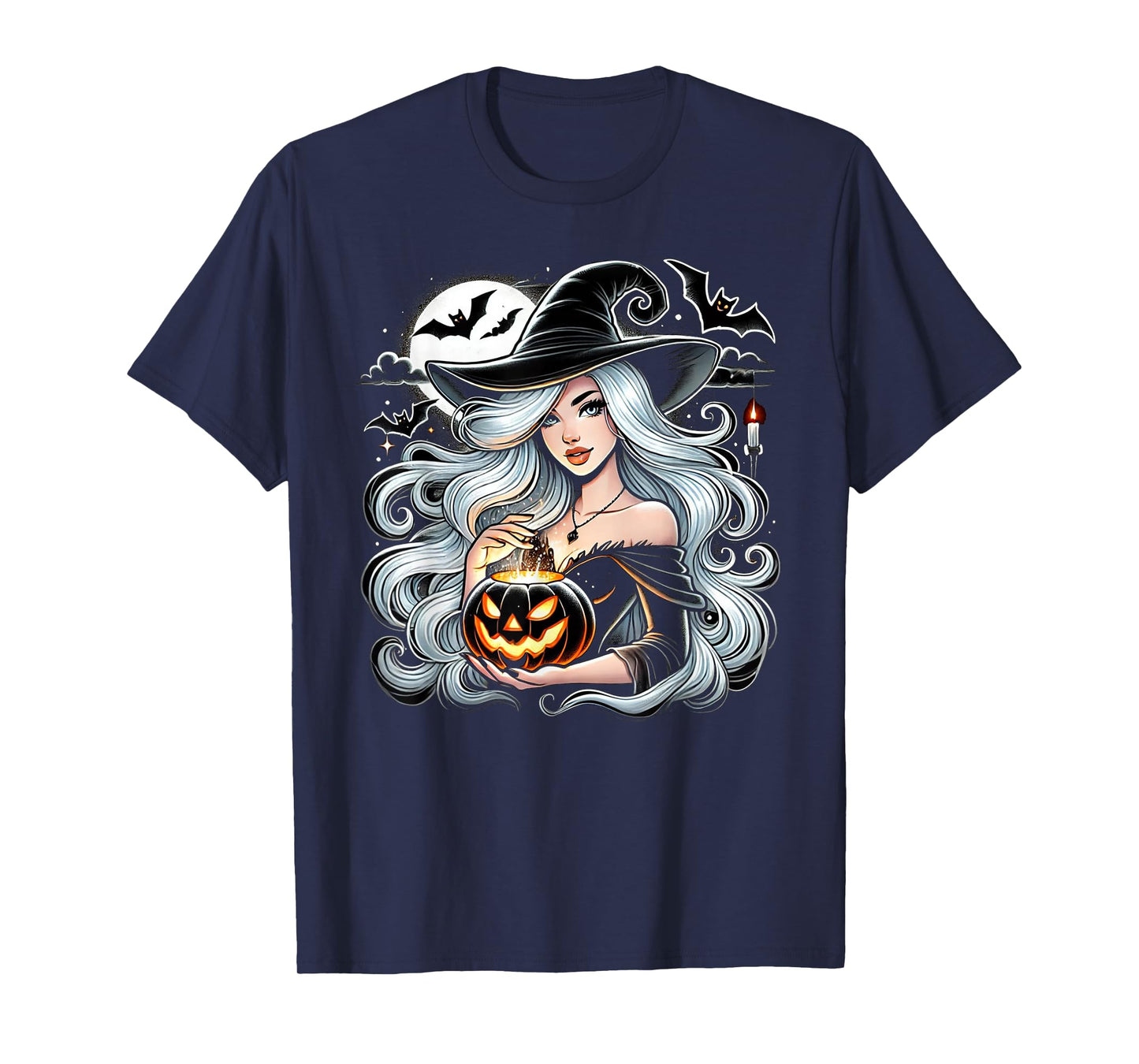 Glamour Ice White Hair Witch Jack O Lantern Halloween Design T-Shirt