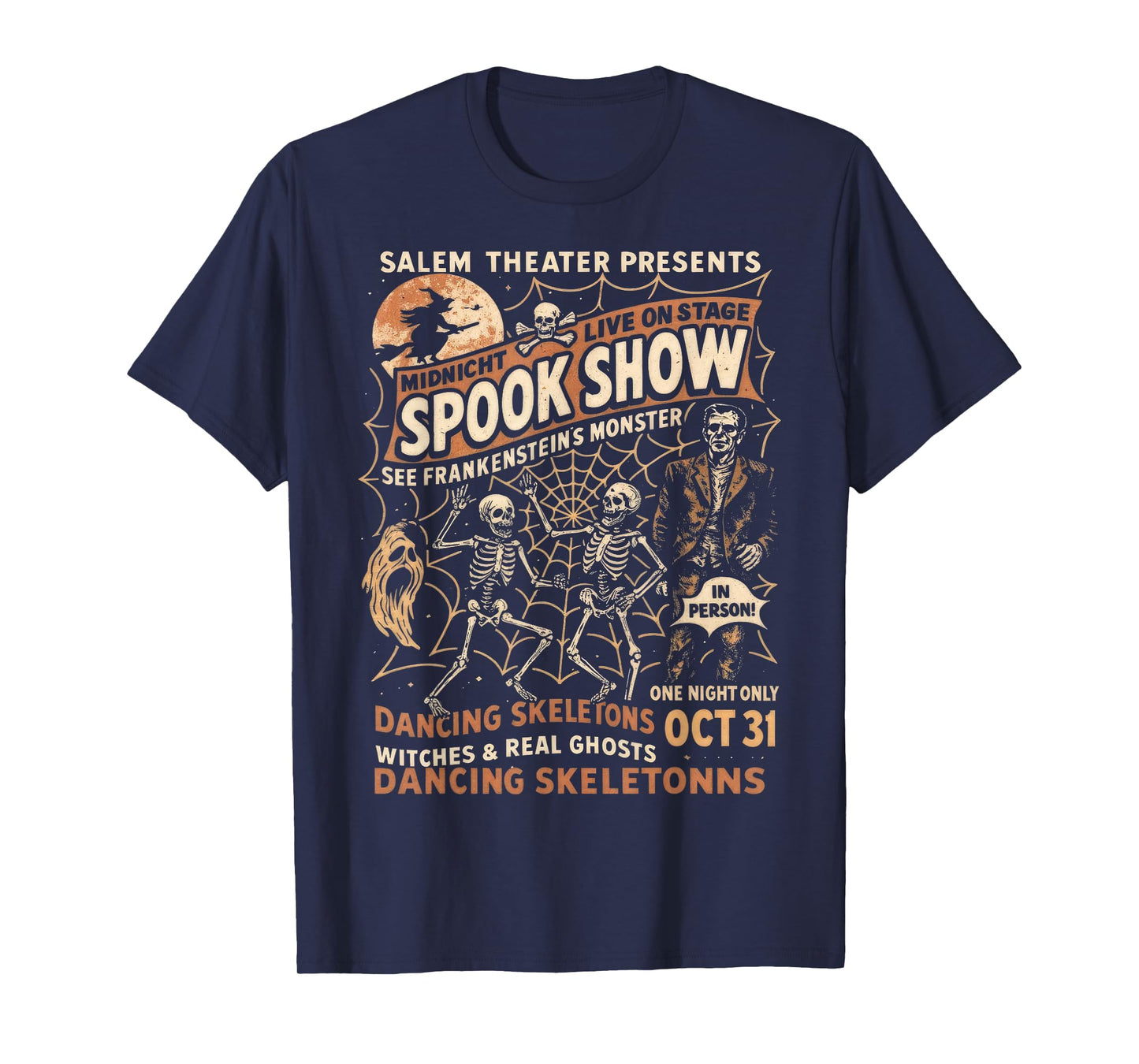 Vintage Halloween Spook Show Witch Dancing Skeletons Monster T-Shirt