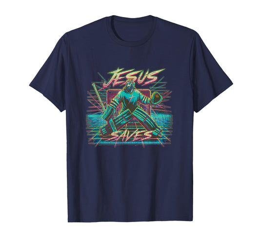 Vintage Retro Vaporwave Jesus Saves Ice Hockey Goalie T-Shirt
