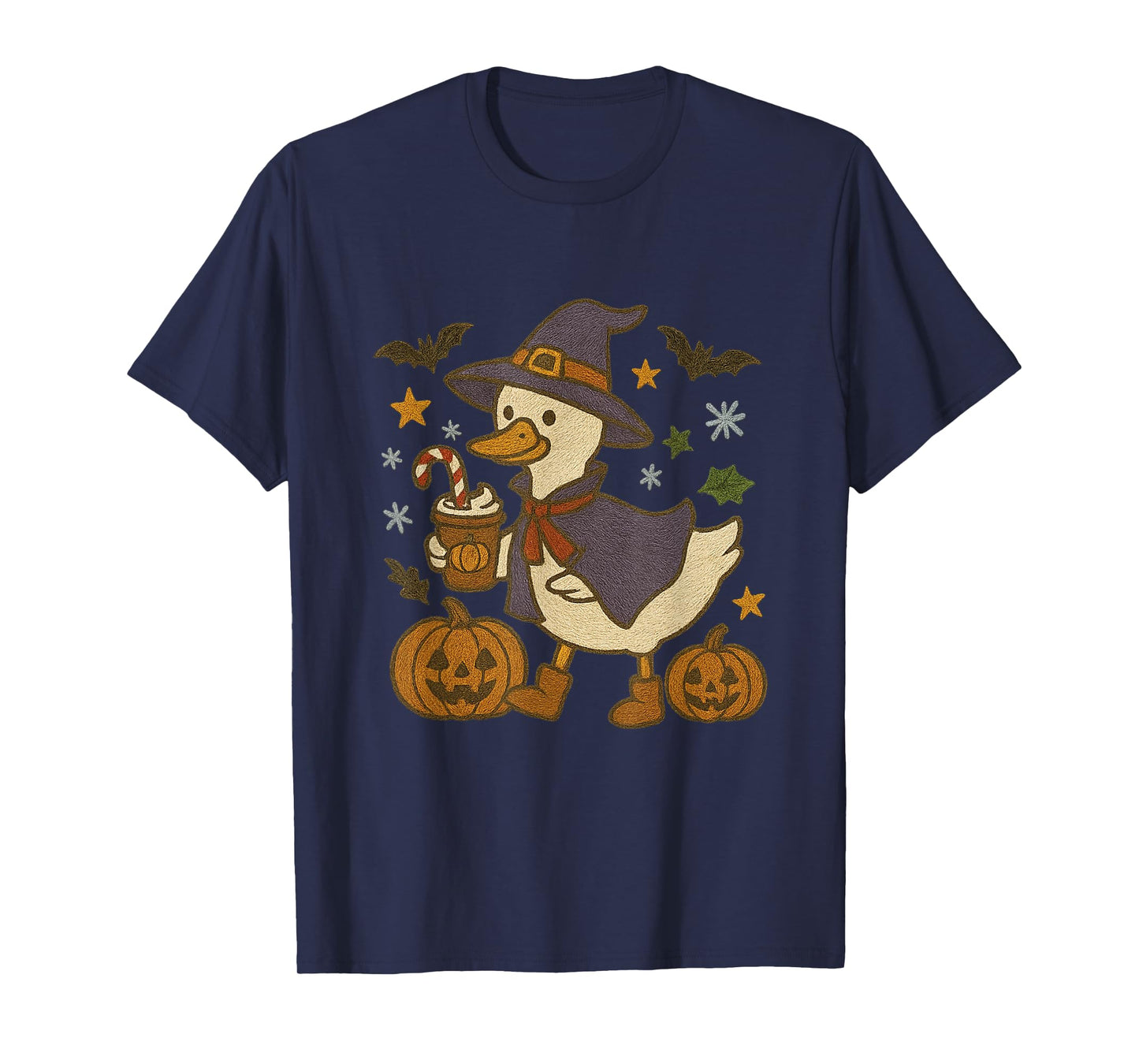 Witchy Duck with Pumpkin and Coffee Halloween Design T-Shirt