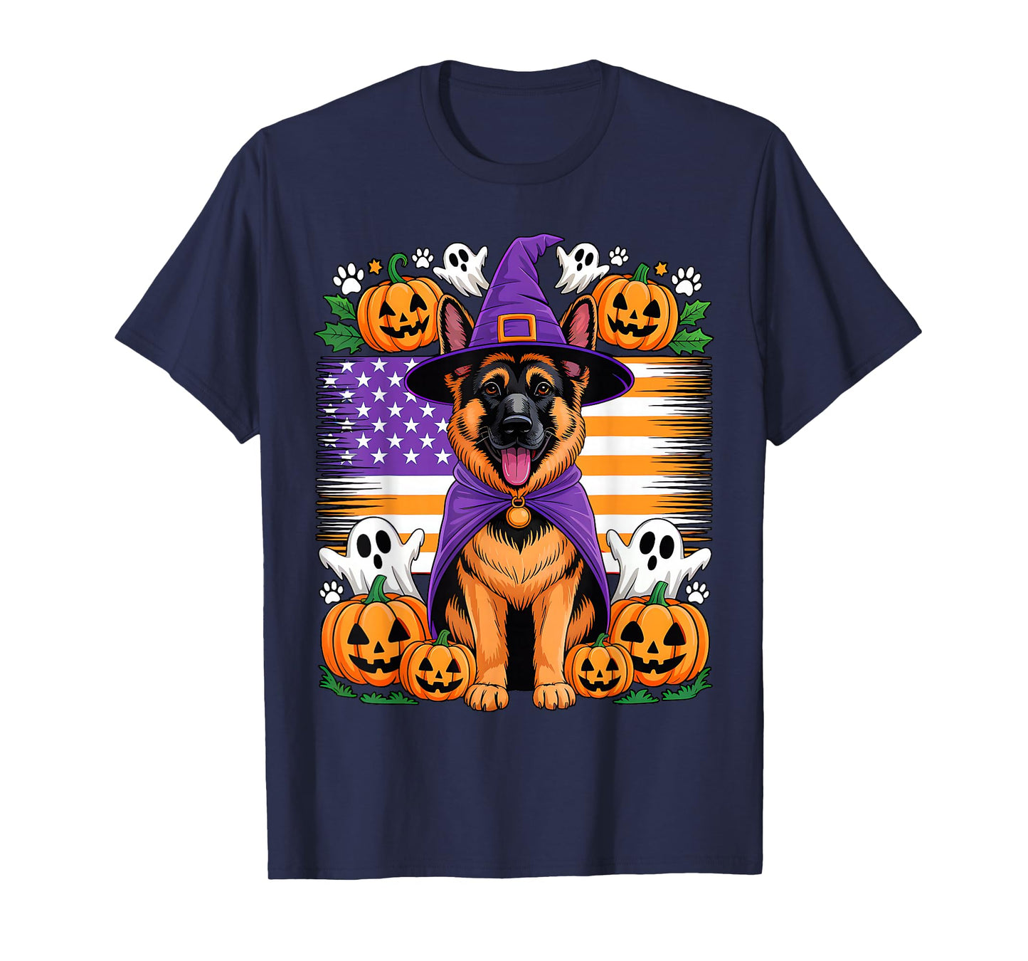 German Shepherd Cosplay Witch Halloween Owner Horror US Flag T-Shirt