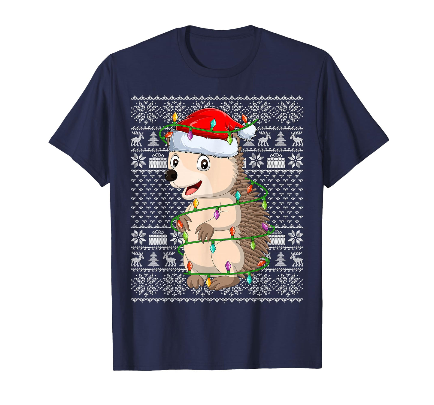 Hedgehog Christmas Lights Ugly Sweater Funny Santa Hat Xmas T-Shirt
