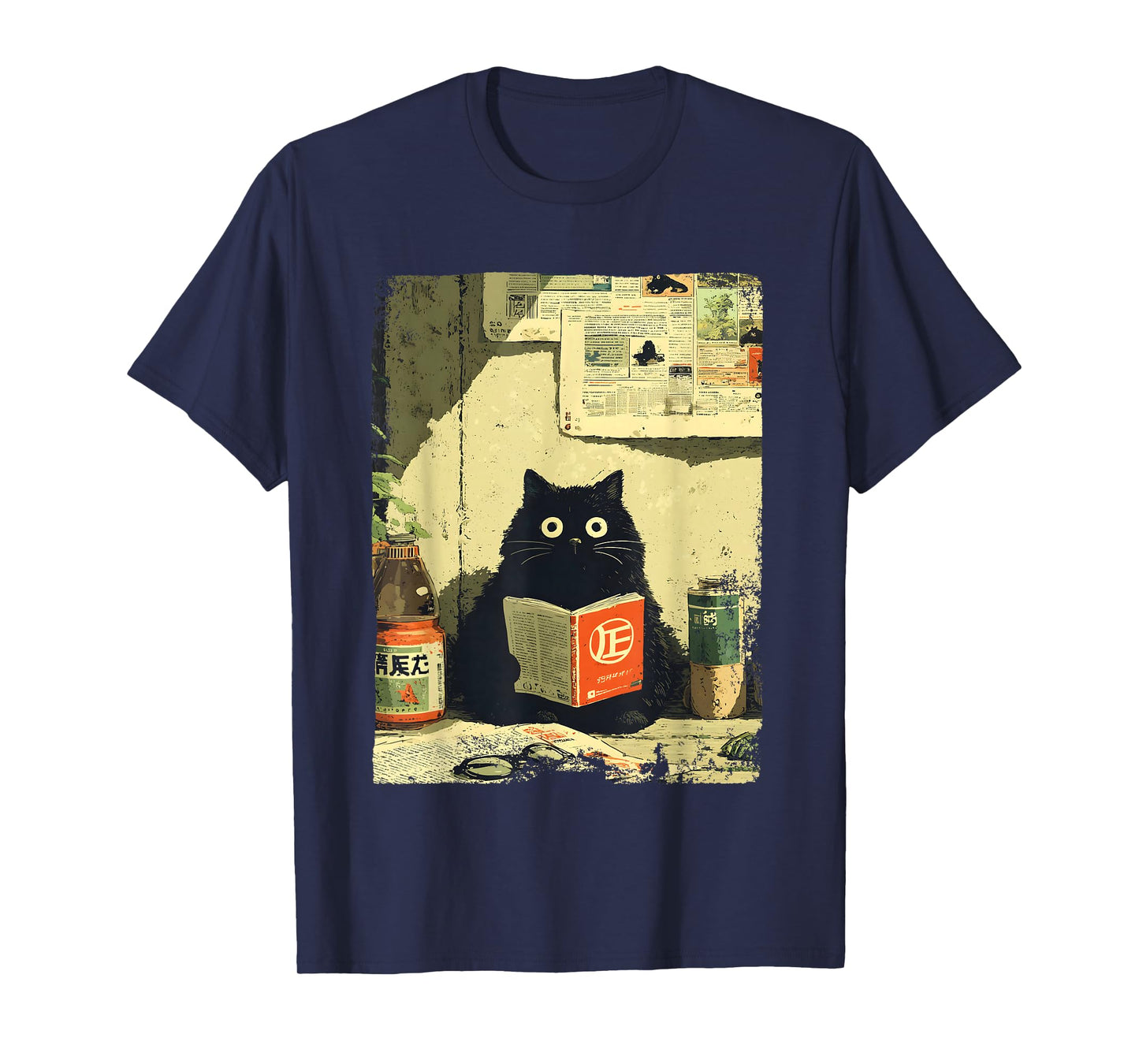 Vintage Japanese Cat Book Lovers Librarian Cat Dad Teacher T-Shirt
