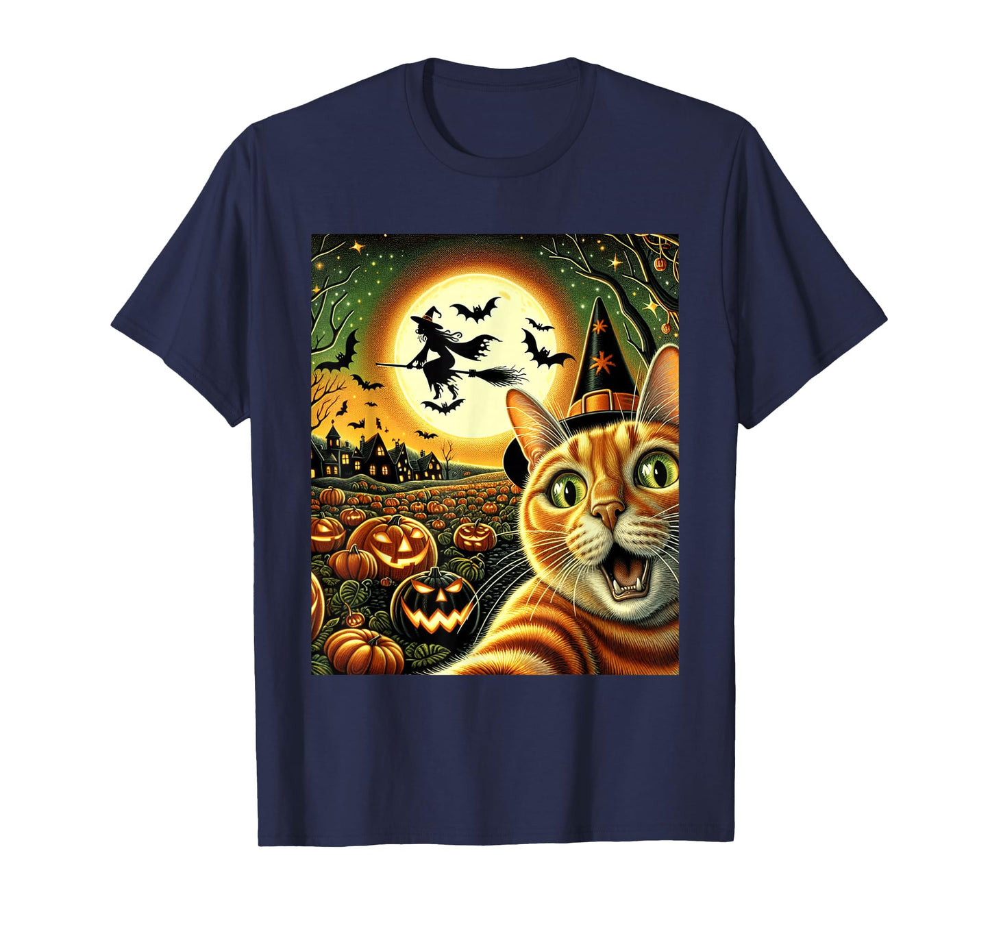 Selfie Cat Halloween Night, Pumpkins, Bats Magic T-Shirt