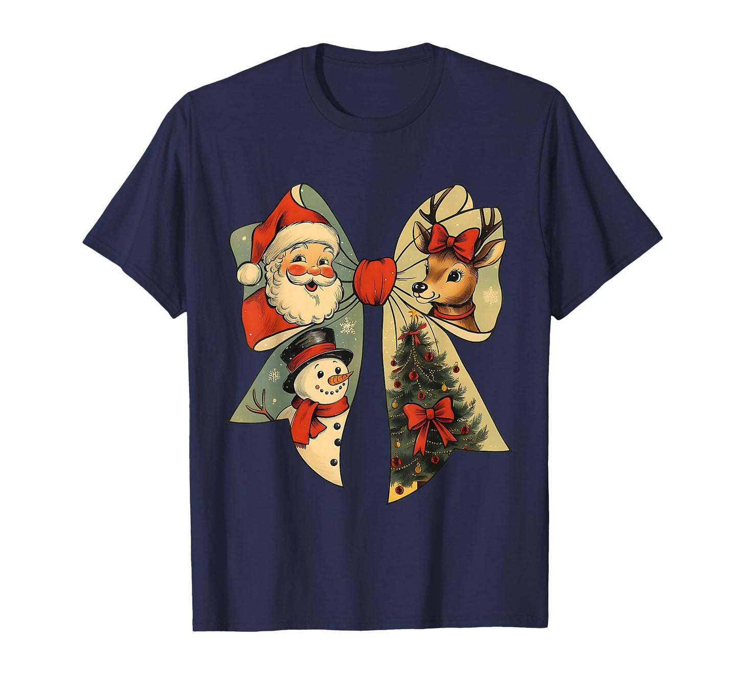 Vintage Christmas Bow Santa Reindeer Snowman Tree Tee T-Shirt