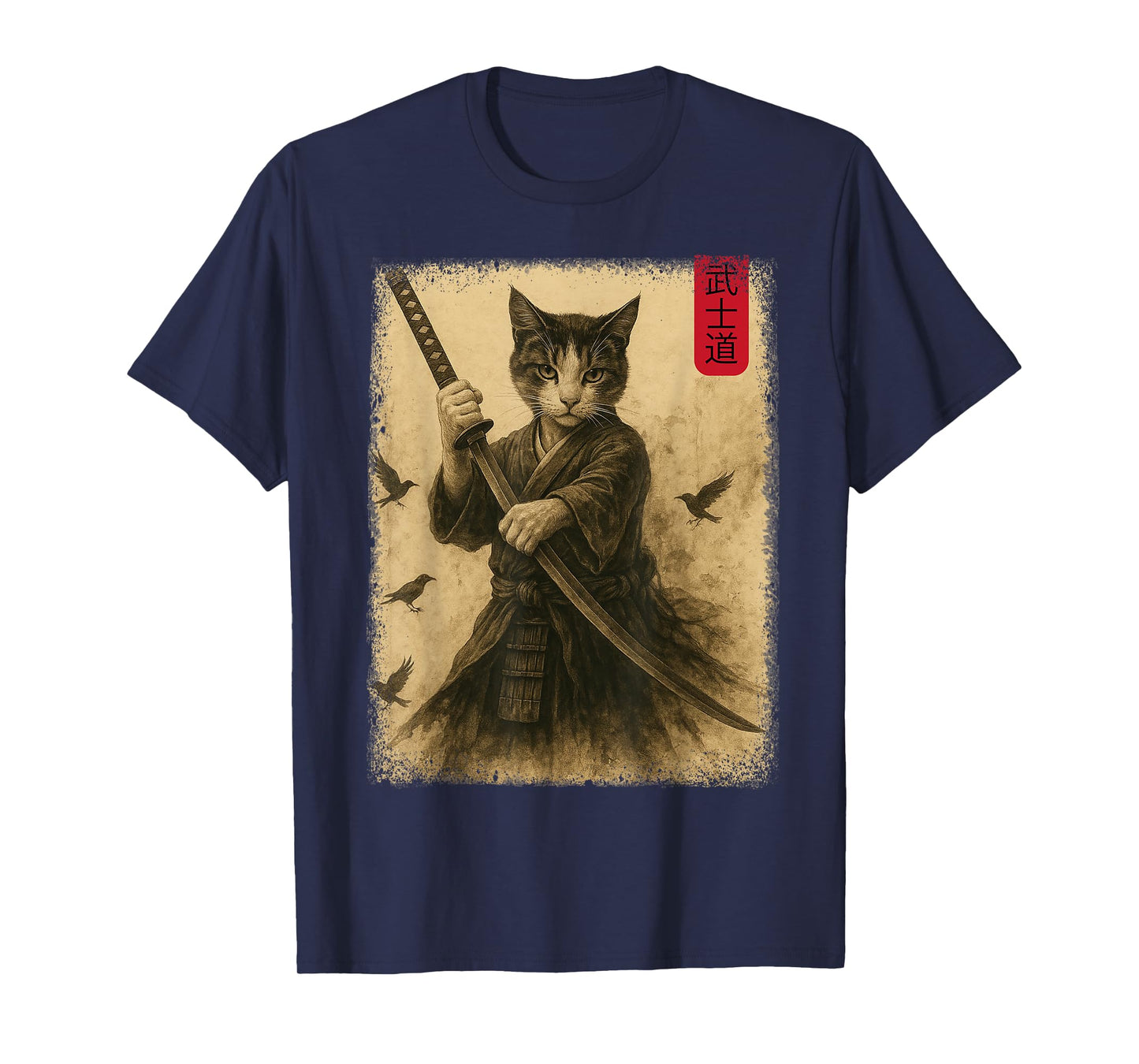 Samurai Cat Graphic Warrior Vintage Japanese Cat Anime T-Shirt for Men Women Kids
