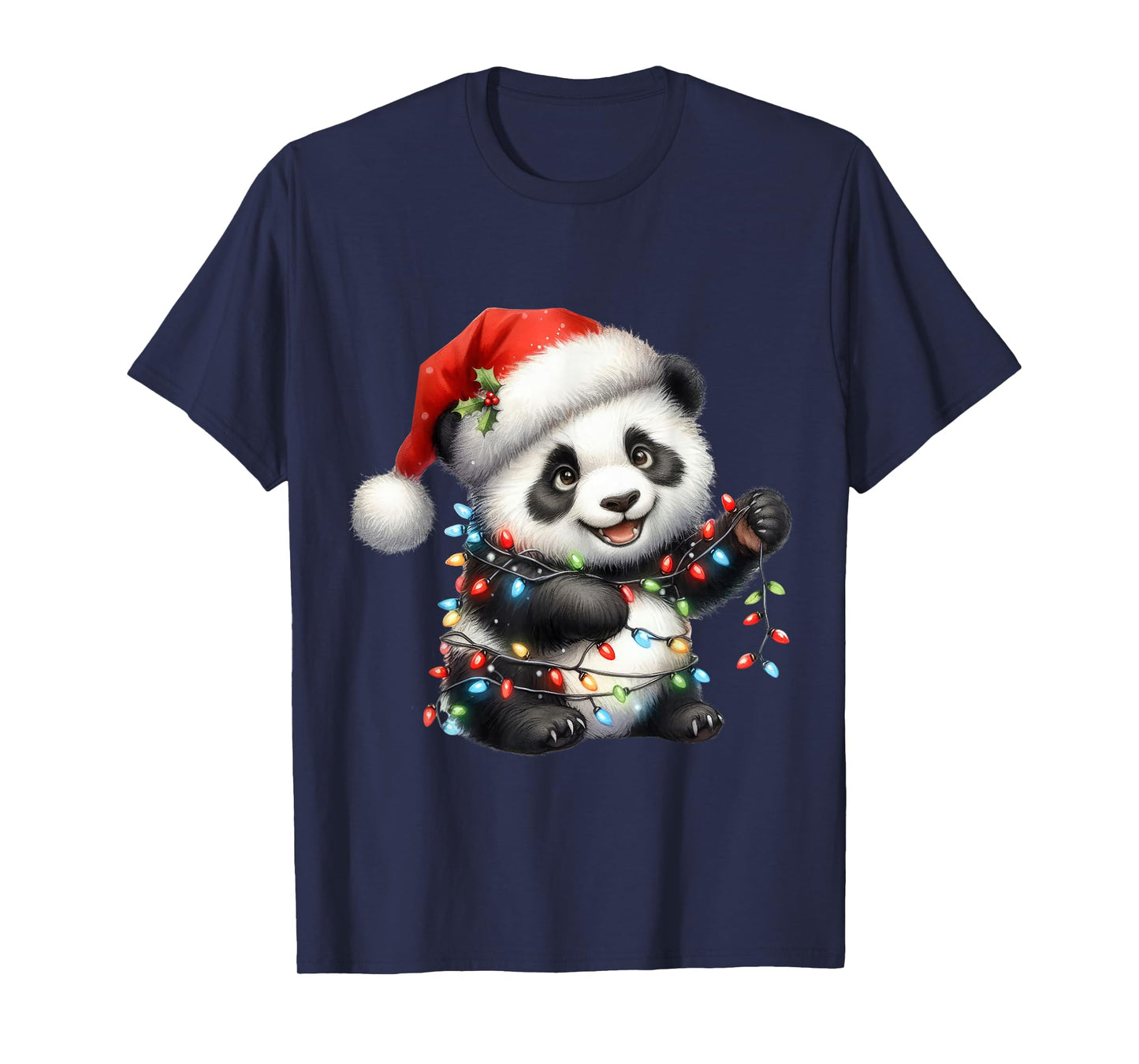 Panda Christmas Lights Funny Santa Hat Merry Xmas T-Shirt