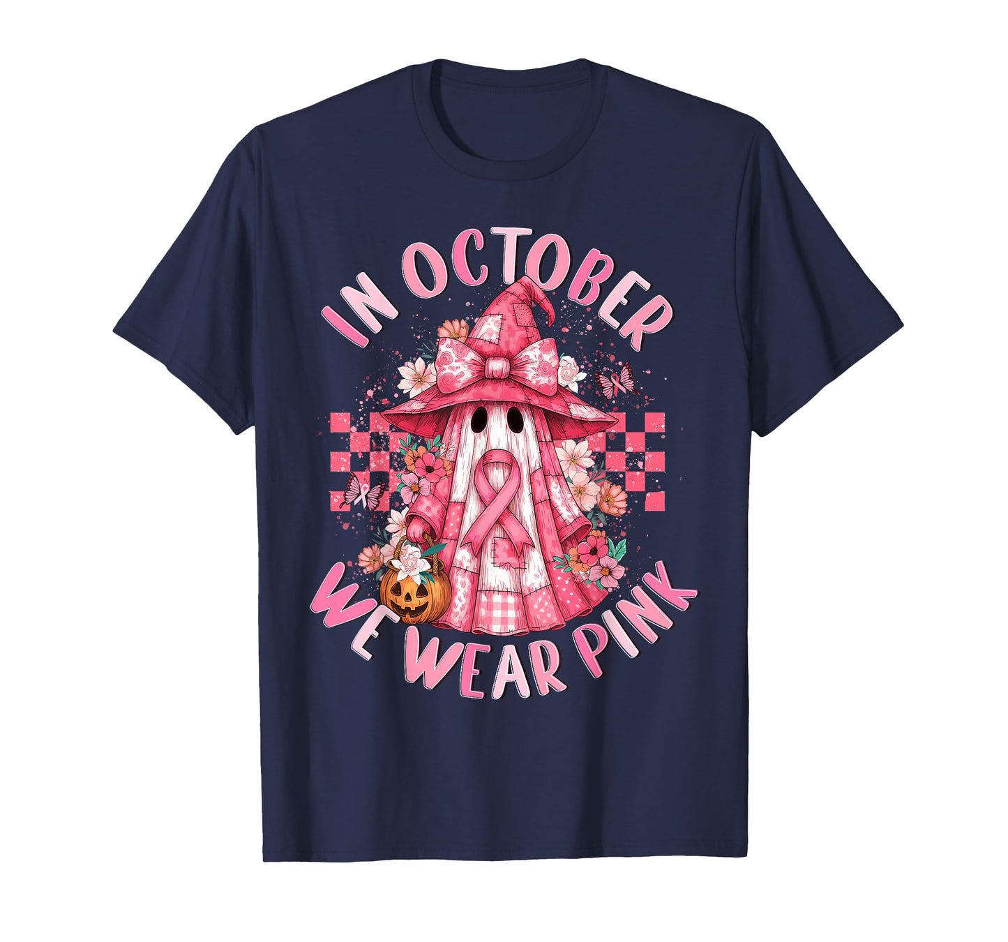 in October We Wear Pink Ghost Witch Breast Cancer Awareness T-Shirt