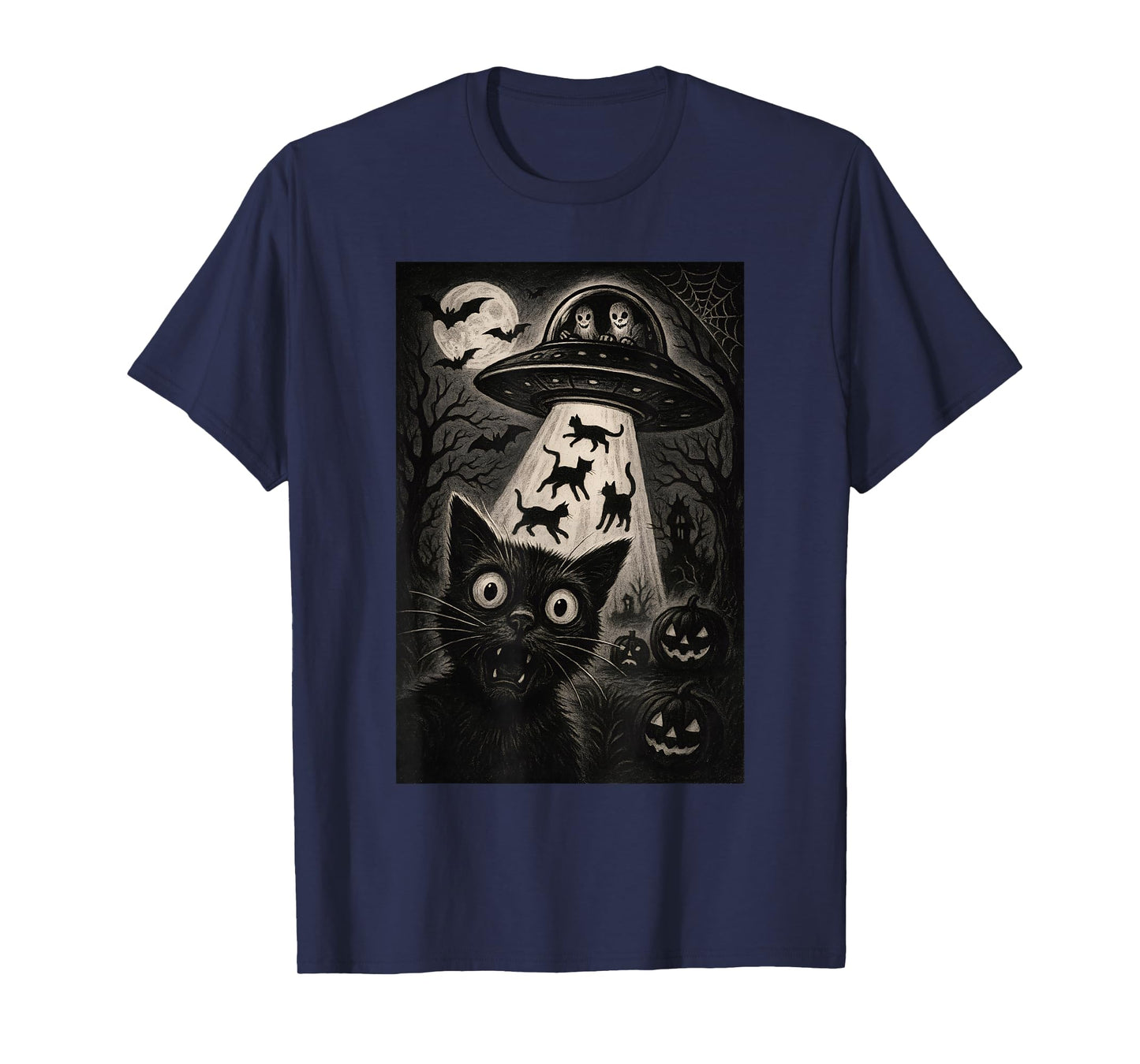 Halloween Cat Selfie Spooky Night Alien Abduction Cats UFO T-Shirt