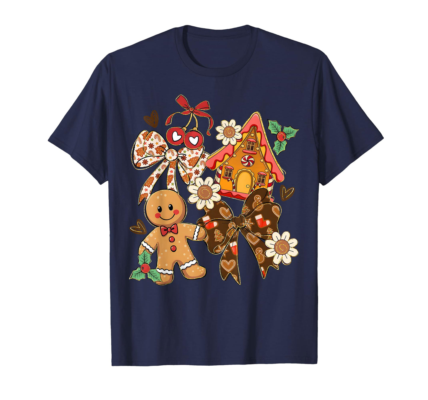 Preppy Christmas Gingerbread Coquette Bow Floral Xmas Pajama T-Shirt