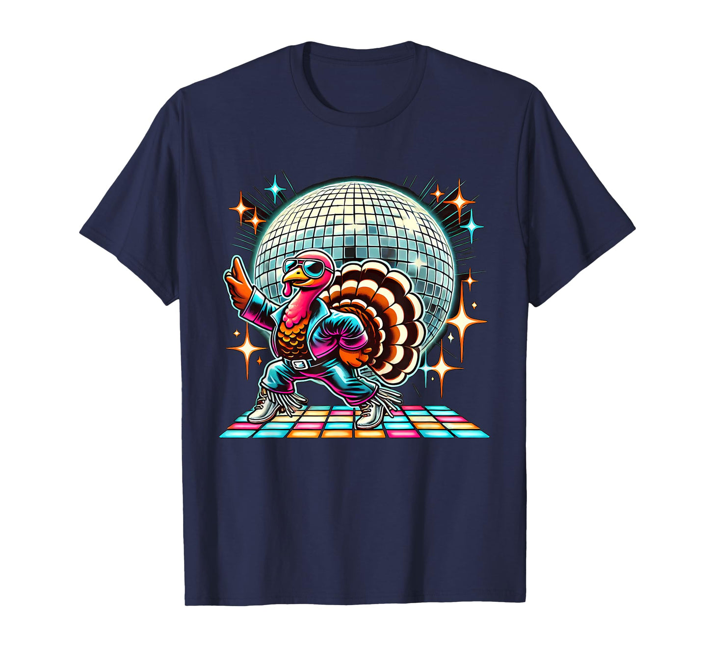 Disco Turkey Halloween Tees Unisex-Adult Black Cartoon Turkey Disco T-Shirt Small Straight Short Sleeve T-Shirt