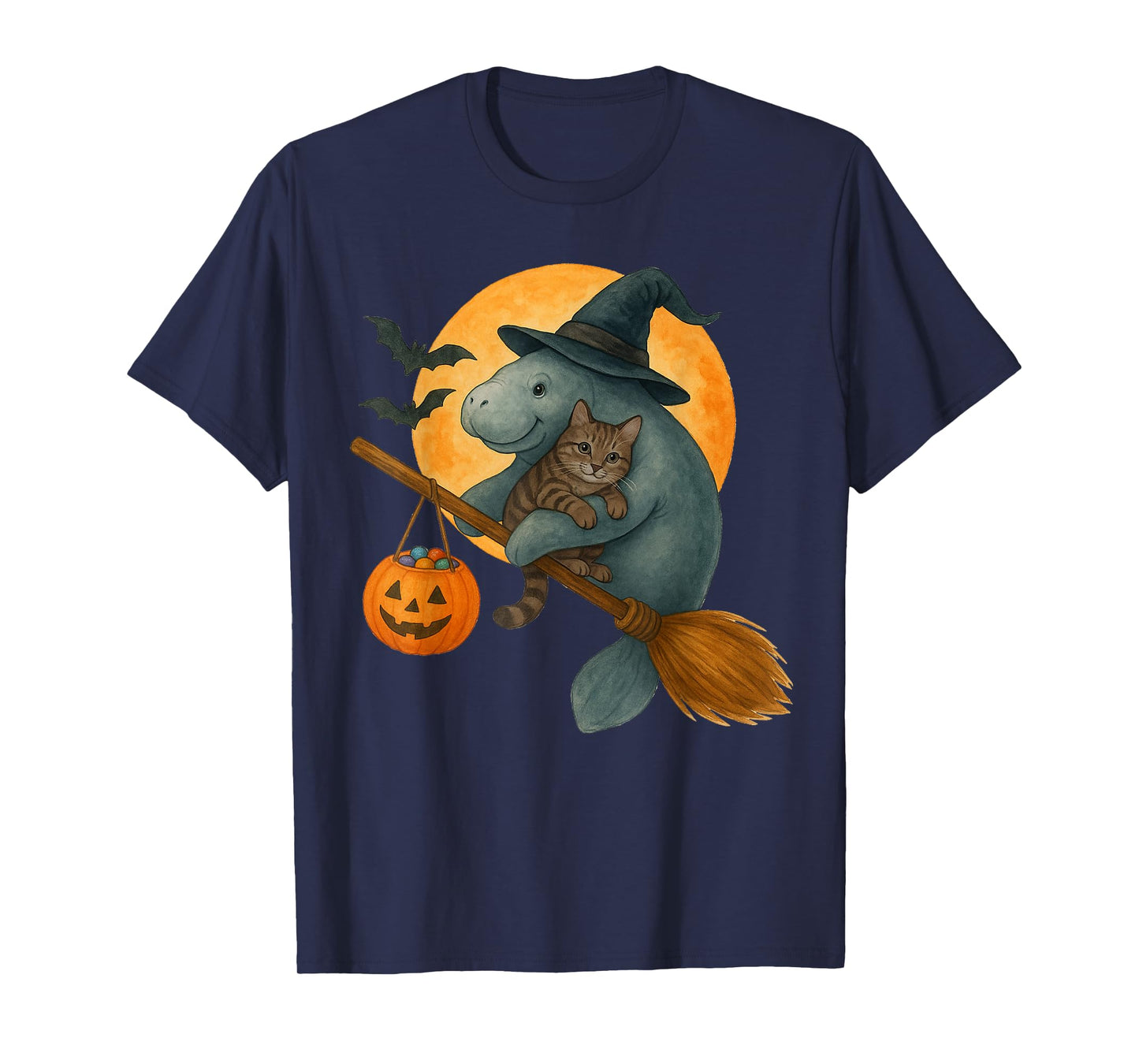 Funny Manatee Witch Hat Black Cat Pumpkin Halloween Costume T-Shirt