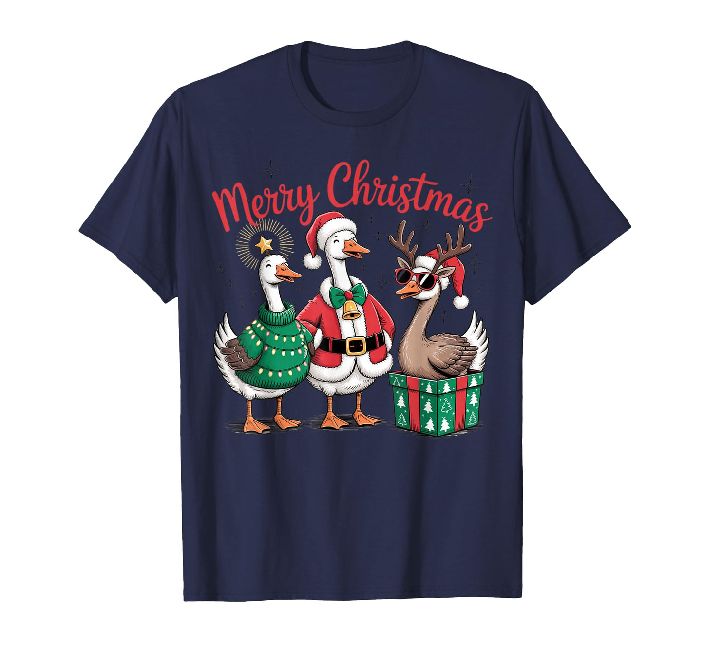 Funny Christmas Geese Santa Reindeer Holiday Outfit T-Shirt