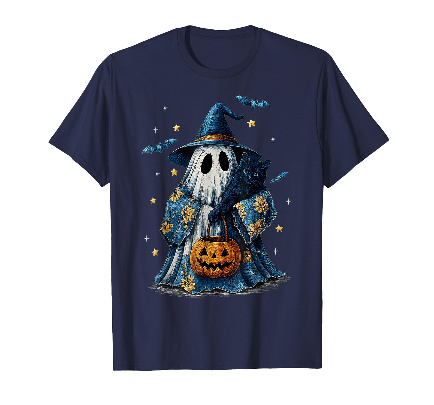 Vintage Halloween Ghost Holding Black Cat Groovy Floral T-Shirt