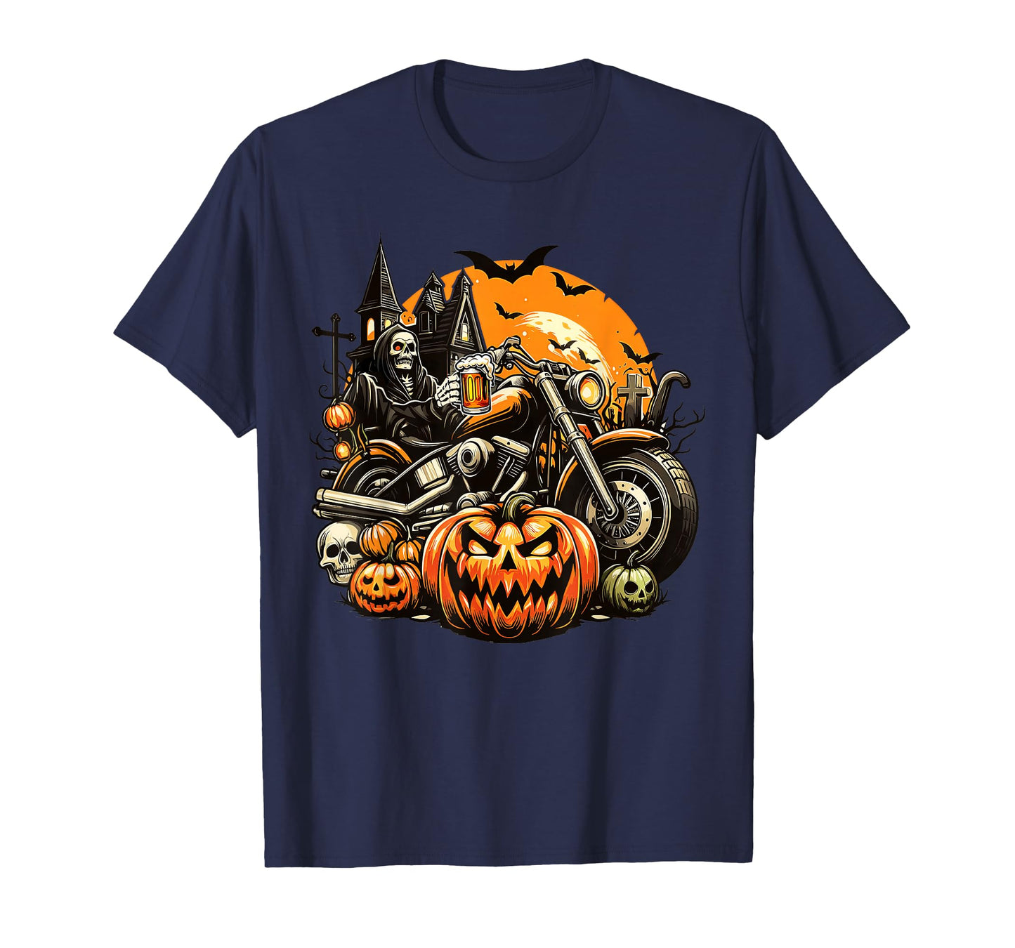 Skeleton Drinking Beer On Motorcycle Halloween Pumpkins T-Shirt