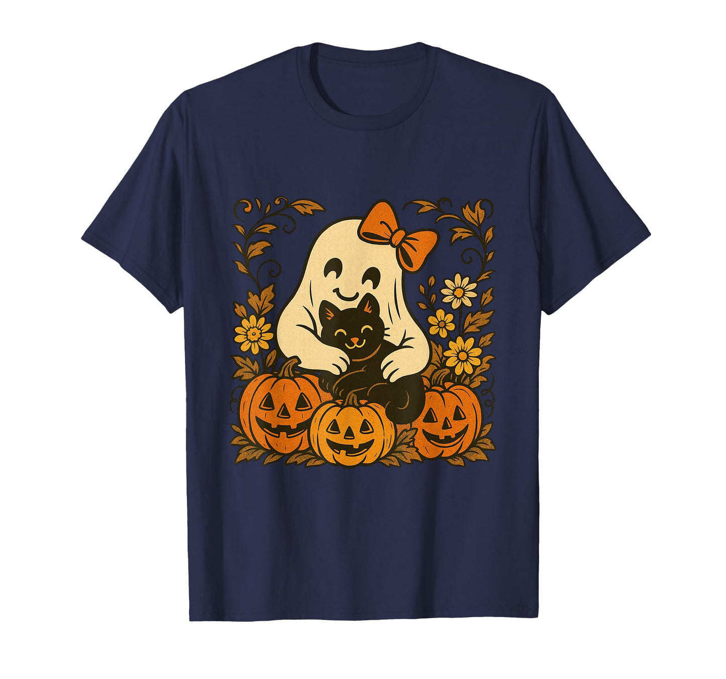 Vintage Halloween Ghost Holding Black Cat Groovy Floral T-Shirt