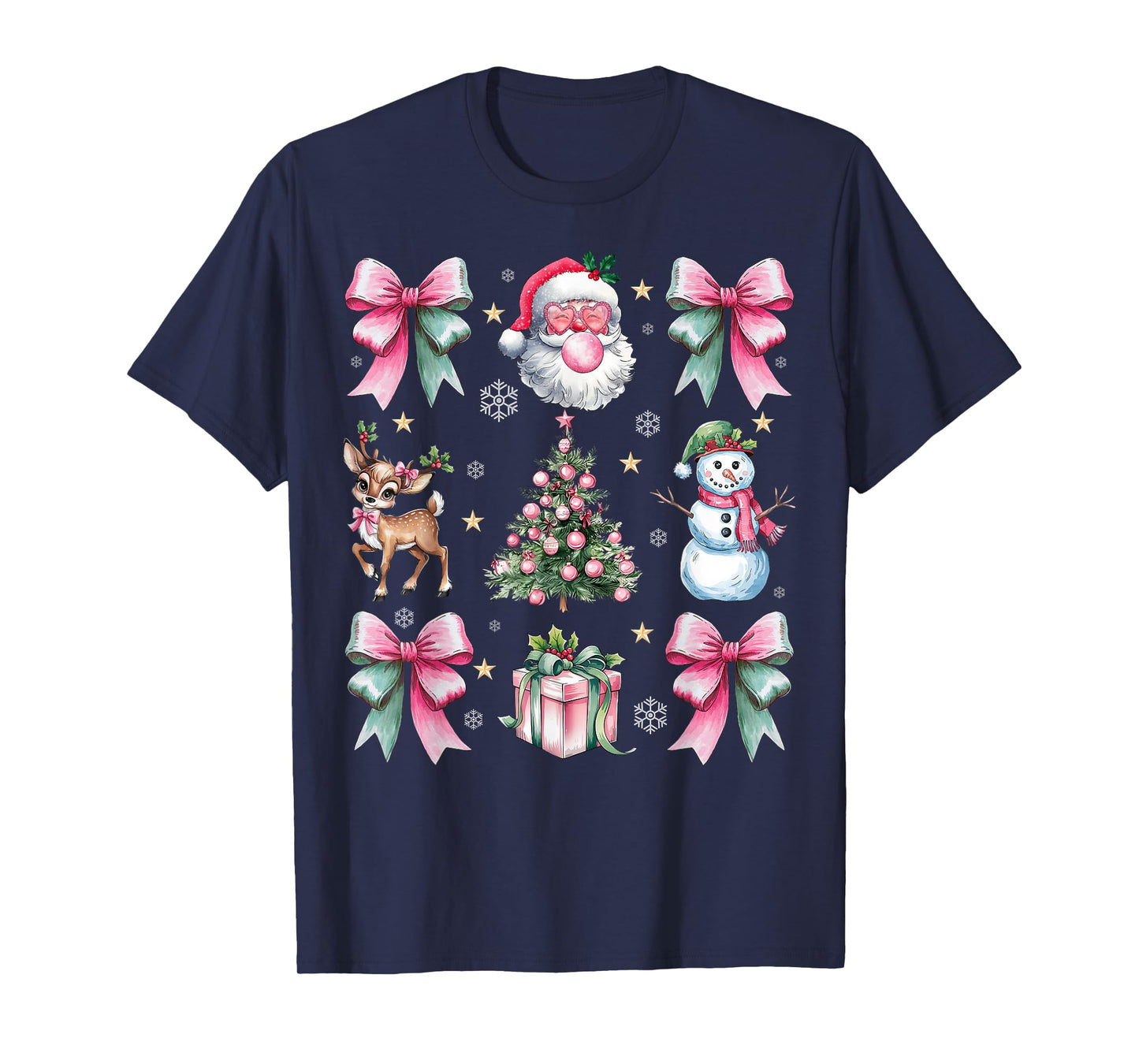 Retro Coquette Bow Pink Christmas Tree Snowman Xmas Pajamas T-Shirt