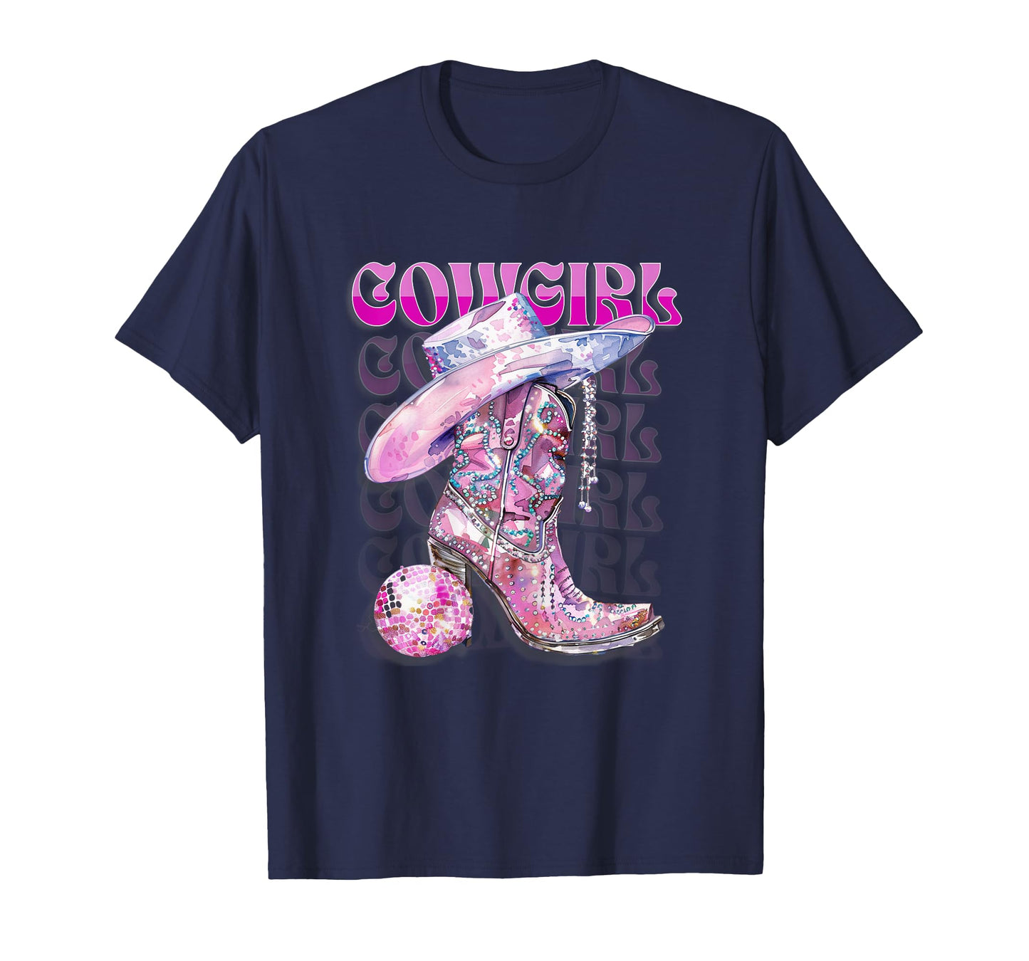 Pink Cowgirl Boots Disco Western Country Cow Girl Coastal T-Shirt