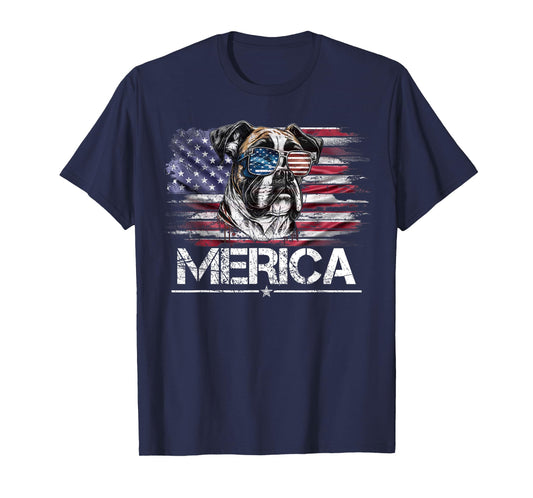 Vintage Boxer Dog, Merica Boxer Dog USA Flag Funny Women Kids Men T-Shirt