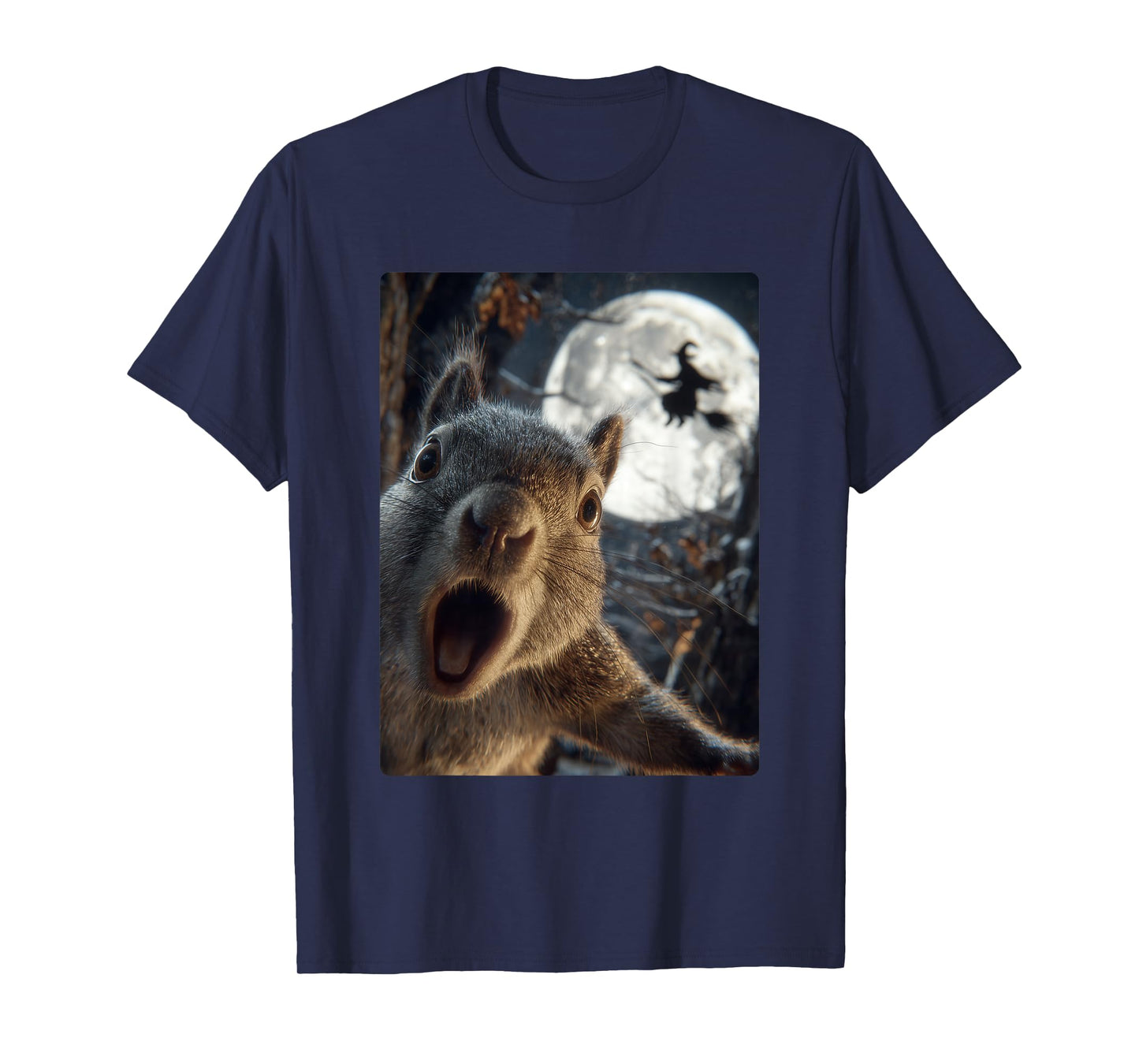 Funny Squirrel Selfie with Full Moon Flying Witch Halloween T-Shirt