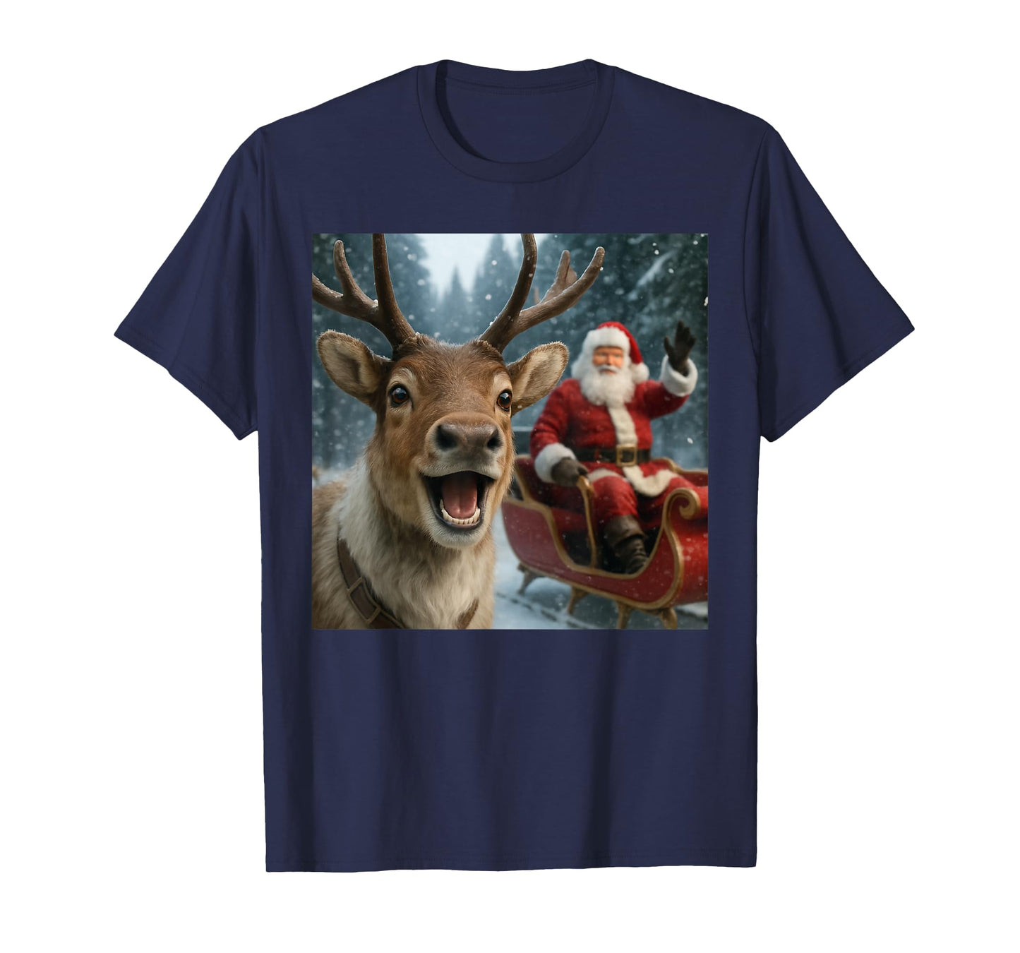 Funny Santa Claus in Sleigh with Reindeer Christmas Holiday T-Shirt