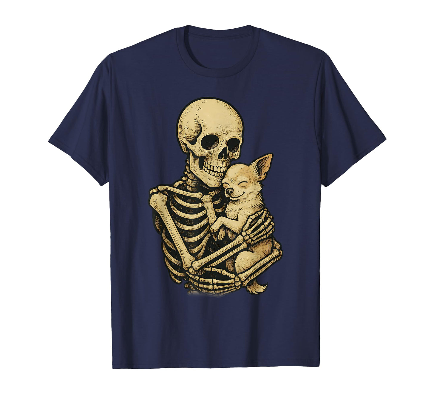 Skeleton Hugging Dog Chihuahua Funny Halloween T-Shirt