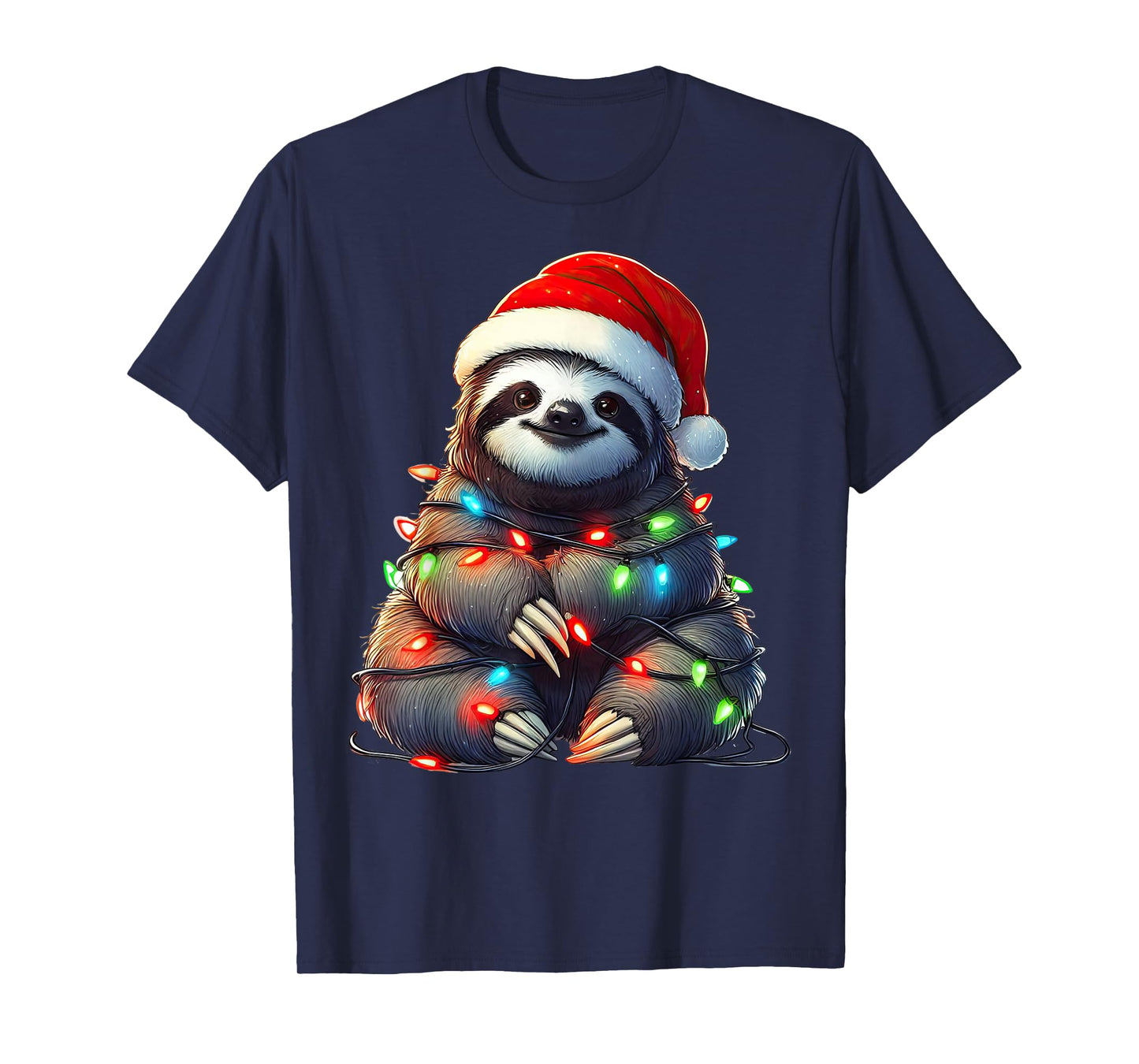 Sloth Christmas Lights Funny Santa Hat Merry Xmas T-Shirt
