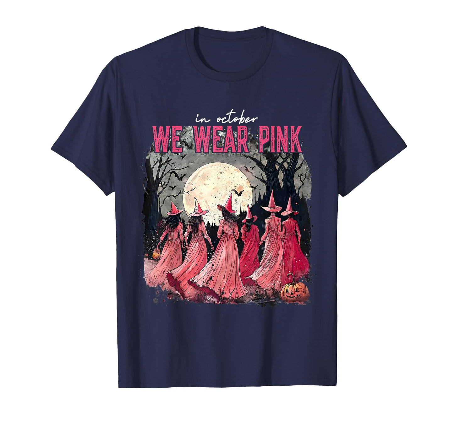 in October We Wear Pink Halloween Salem Witch Breast Cancer T-Shirt