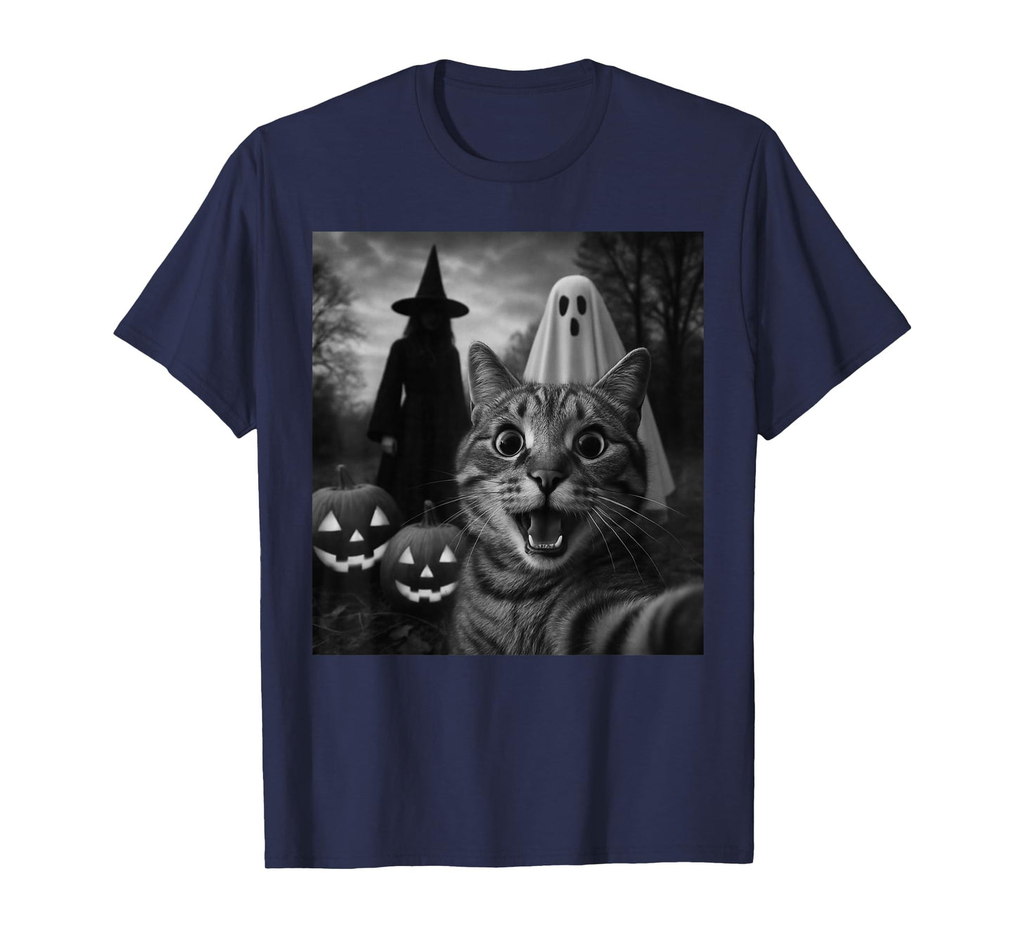 Funny Cat Selfie with a Witch & Ghost Scary Halloween T-Shirt