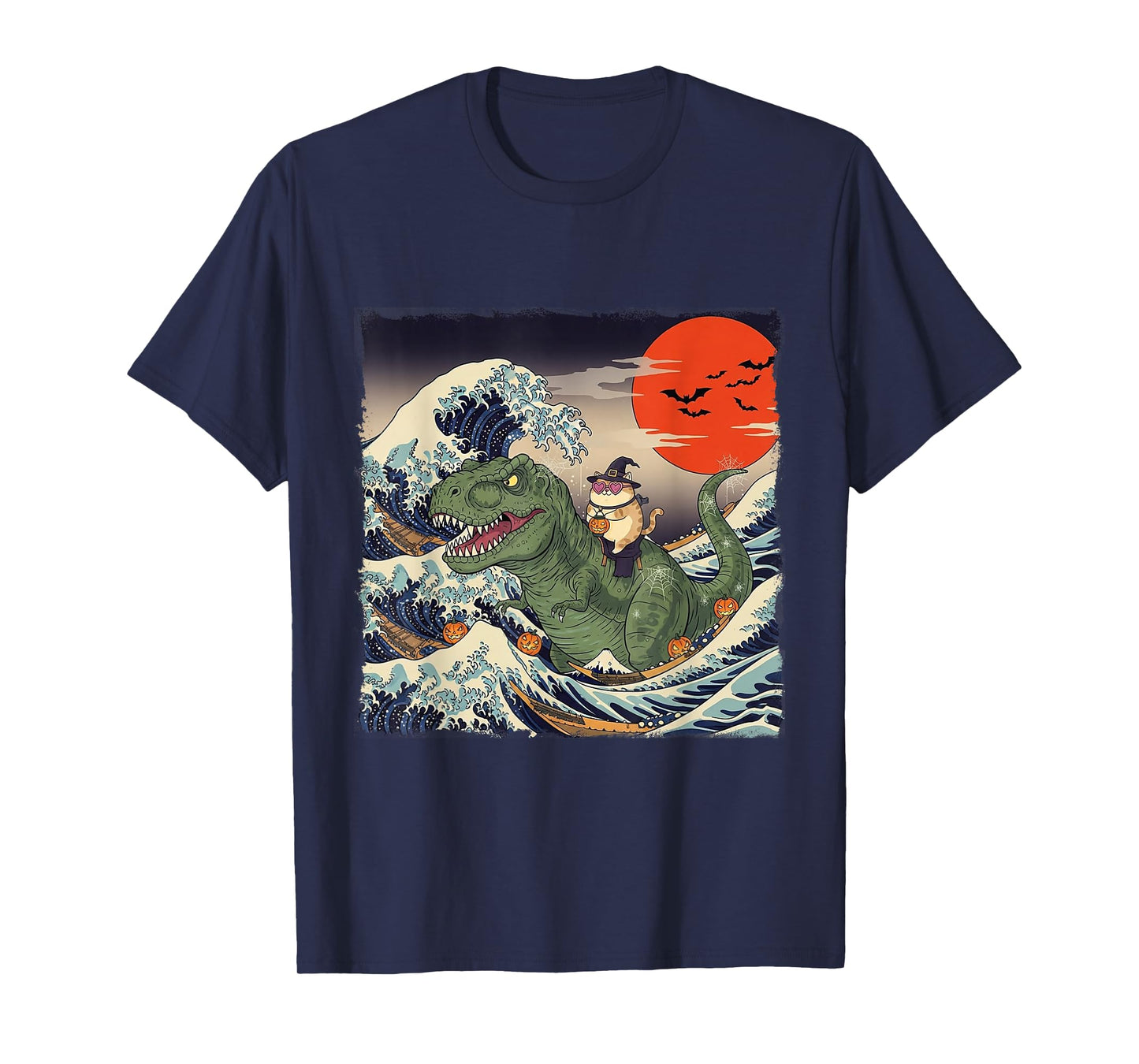 Funny Halloween Cat Riding Dinosaur Spooky Ukiyo-e Wave T-Shirt