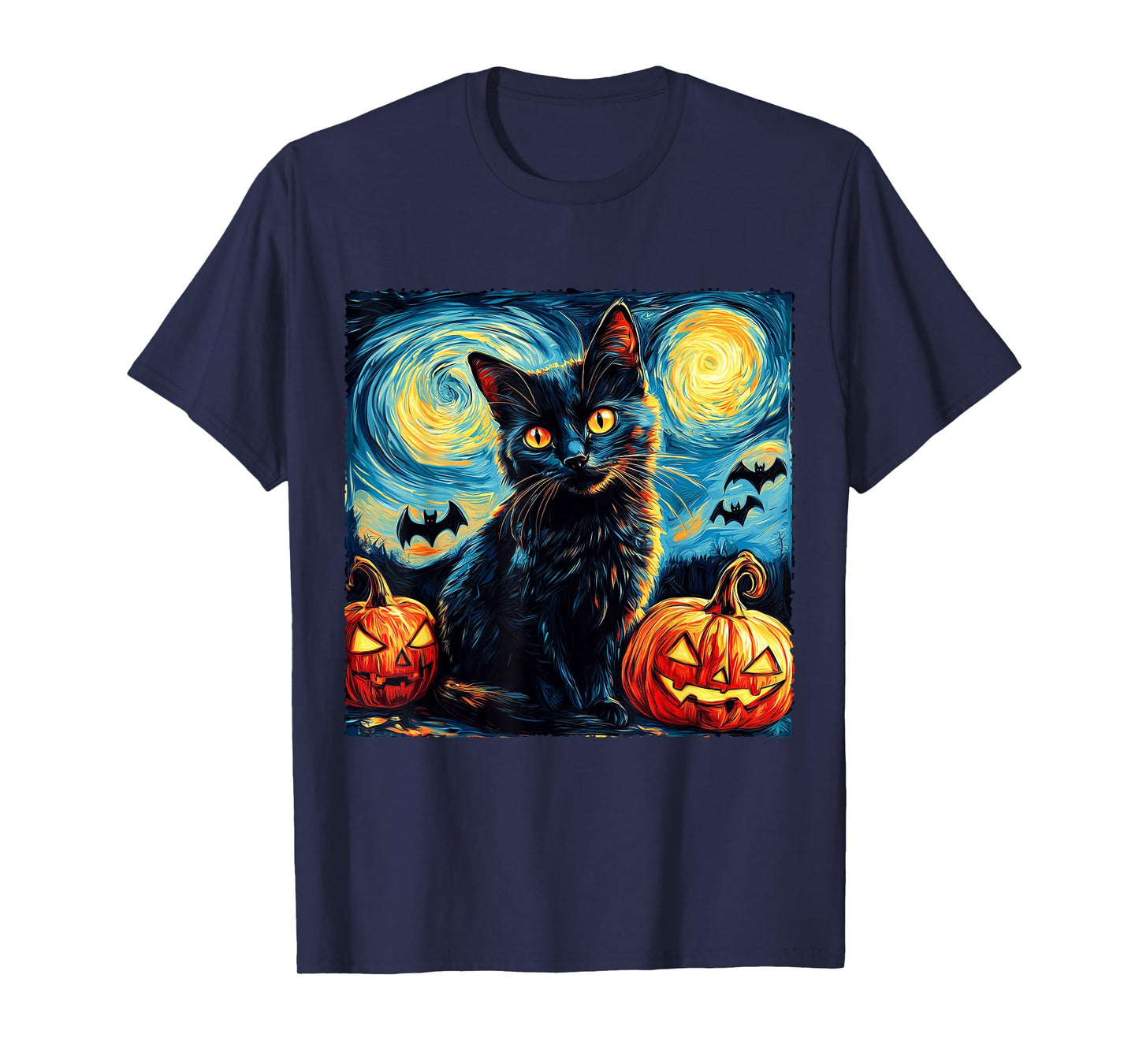Halloween Van Gogh Starry Night Black Cat Pumpkins Men Women T-Shirt