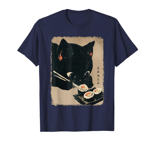 Kawaii Cat Eating Sushi Funny Japanese Anime Cute Cat Girls T-Shirt