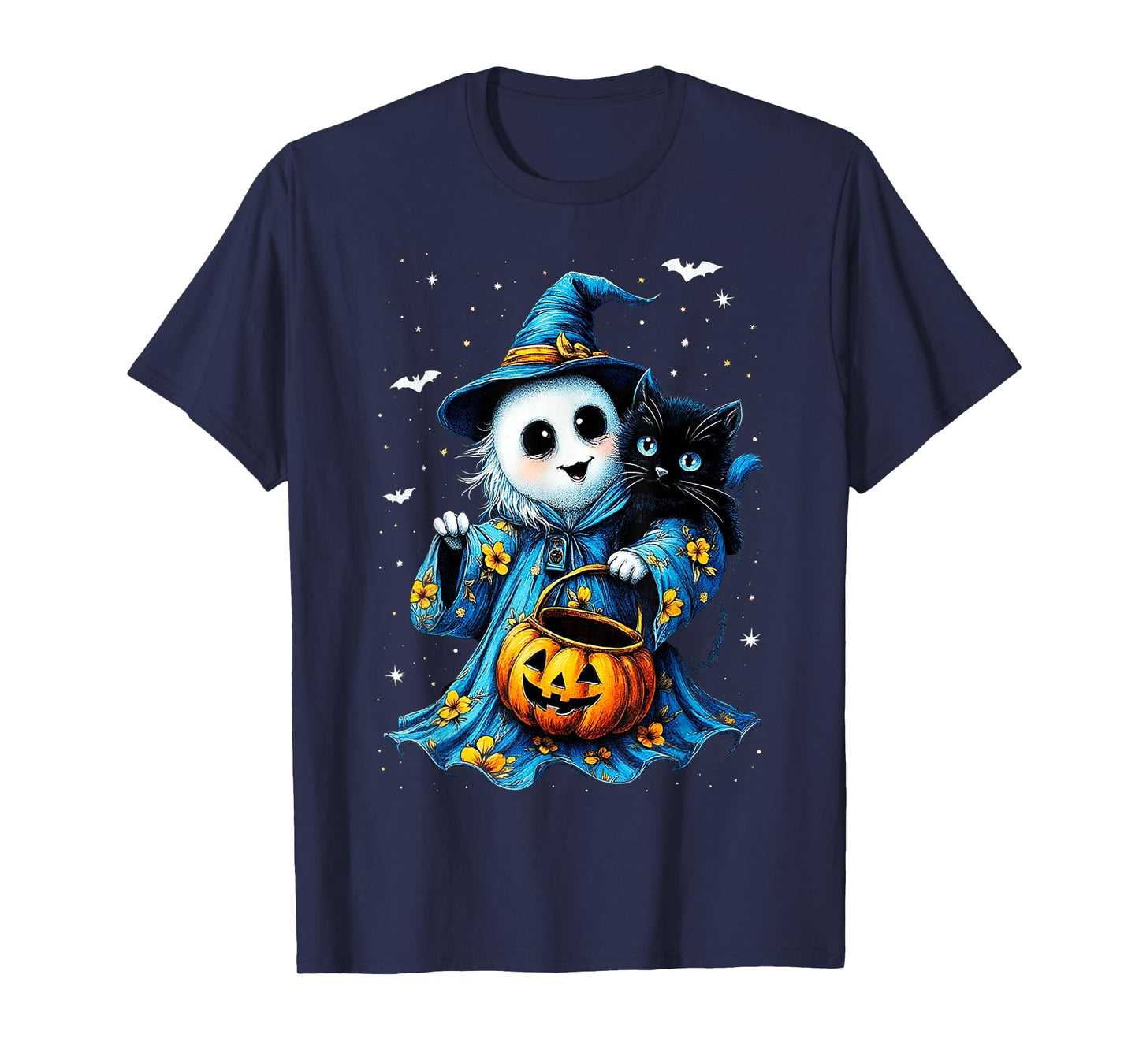 Ghost Holding Black Cat Lover Halloween 2025 Groovy Floral T-Shirt