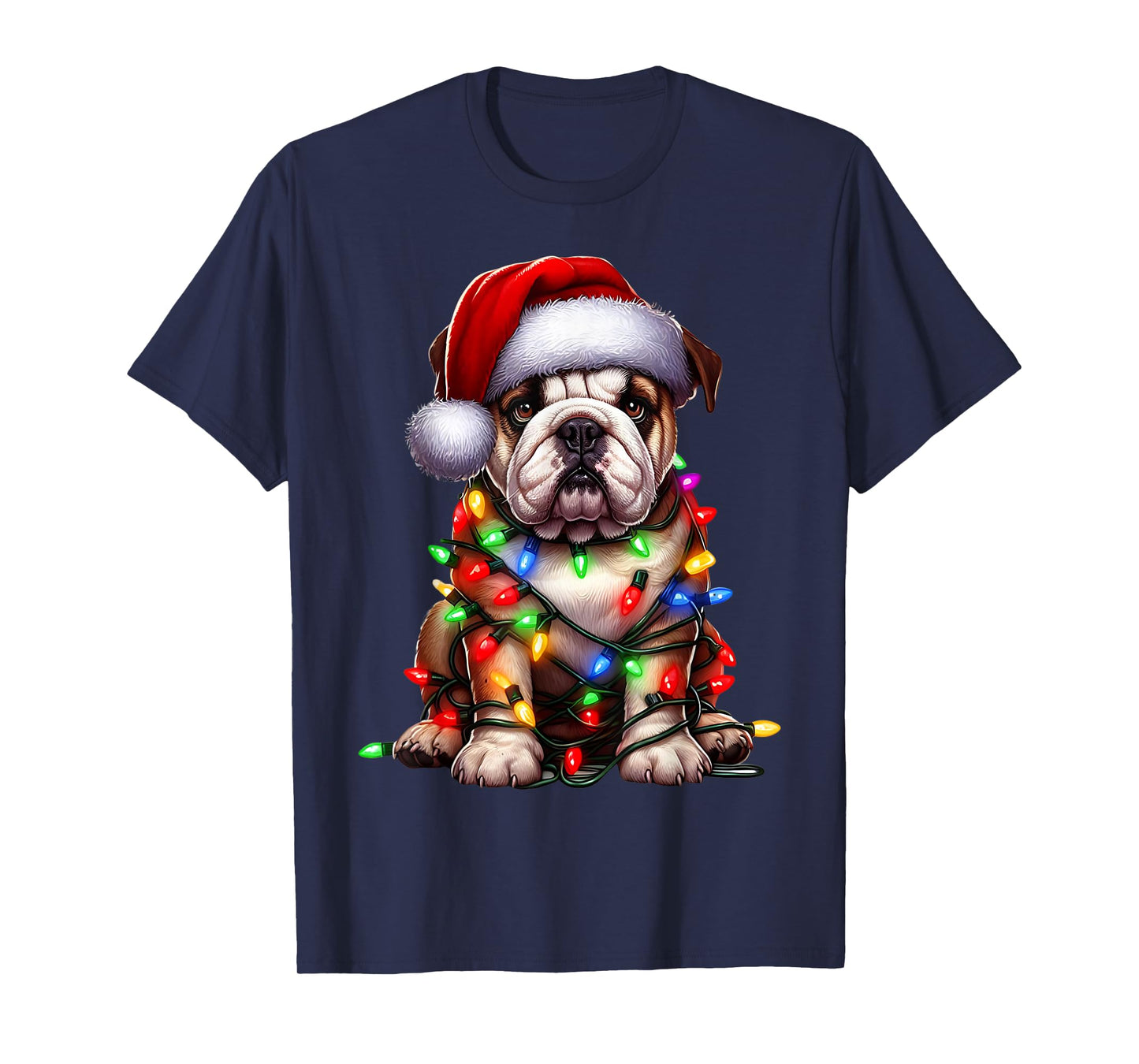 Bulldog Dog Christmas Lights Santa Hat Dog Lover T-Shirt