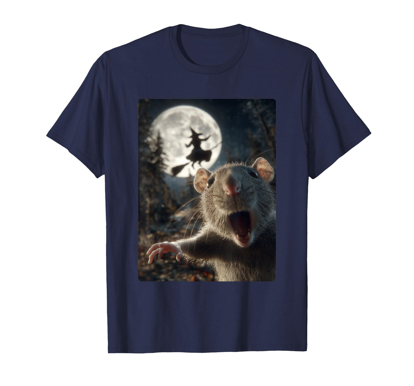 Funny Rat Selfie Full Moon Flying Witch Forest Halloween T-Shirt