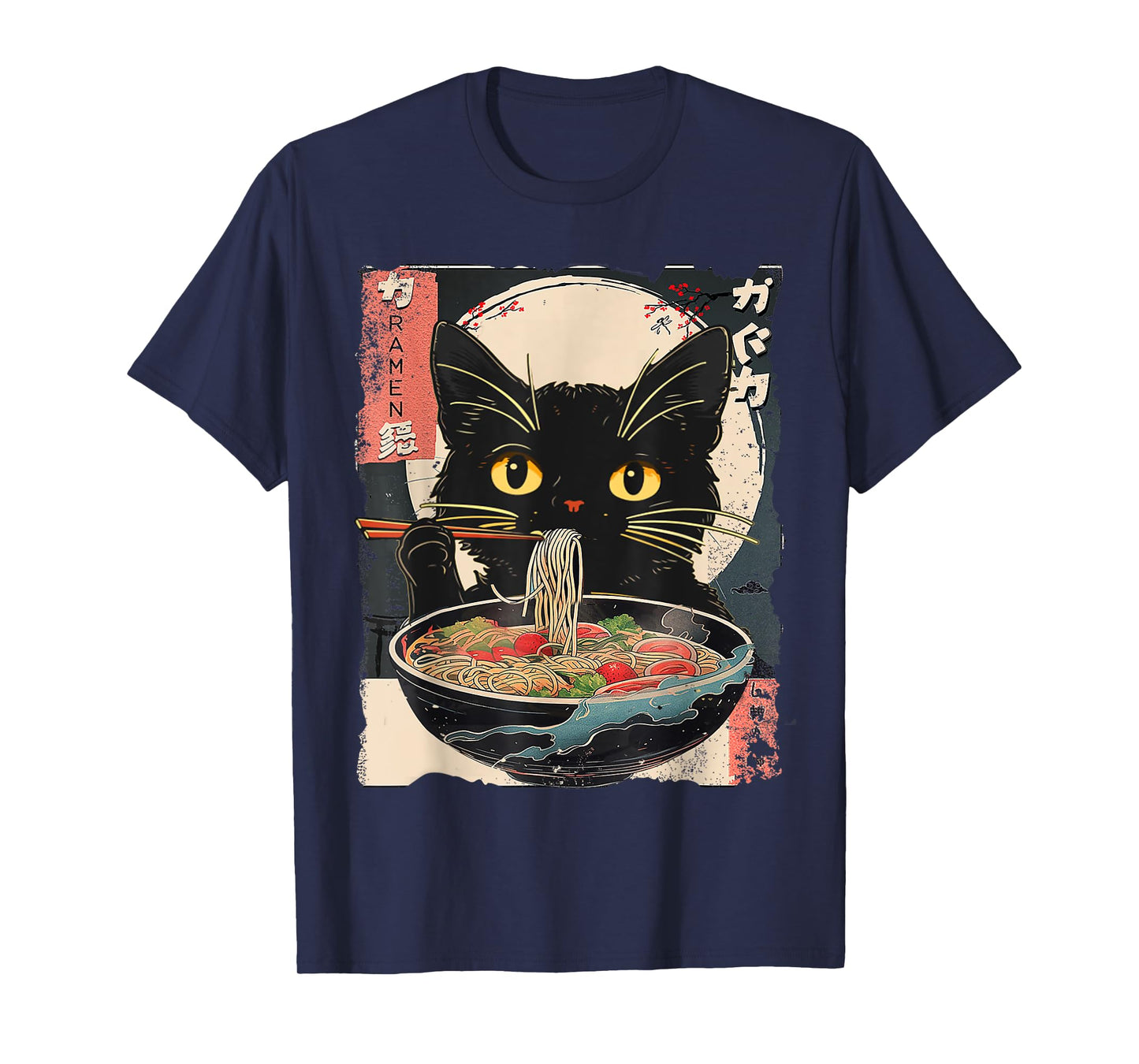 Kawaii Cat Ramen Noodles Anime Gifts Funny Cat Eating Ramen Vintage Japanese Noodles Unisex-Adult T-Shirt, Black, Small, Short Sleeve, T-Shirt, All Seasons