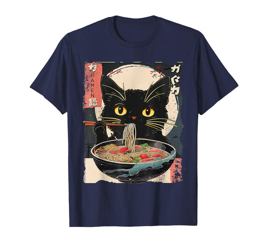 Kawaii Cat Ramen Noodles Anime Gifts Funny Cat Eating Ramen Vintage Japanese Noodles Unisex-Adult T-Shirt, Black, Small, Short Sleeve, T-Shirt, All Seasons