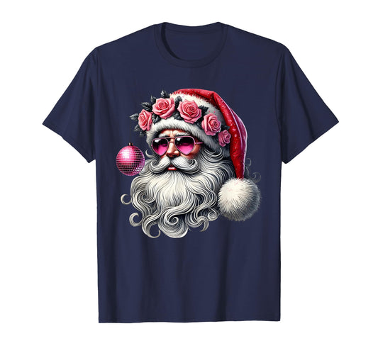 Disco Santa Claus Pink Christmas Roses Sunglasses Santa Xmas T-Shirt