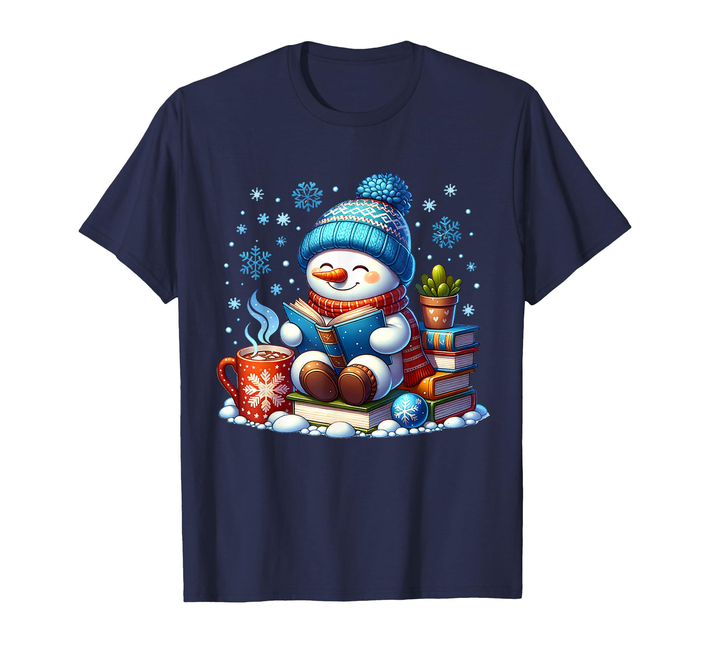 Snowman Reading Book Lovers Christmas Bookworm Librarian T-Shirt