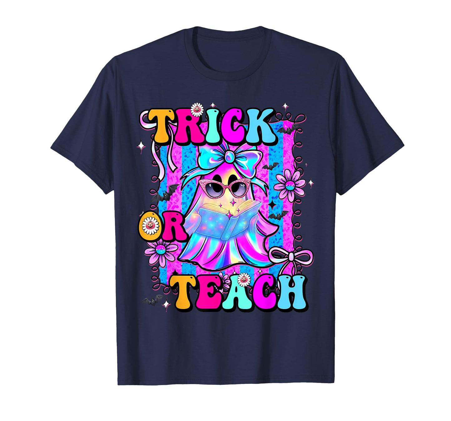 Trick Or Teach Groovy Teacher Retro Ghost Halloween Costume T-Shirt