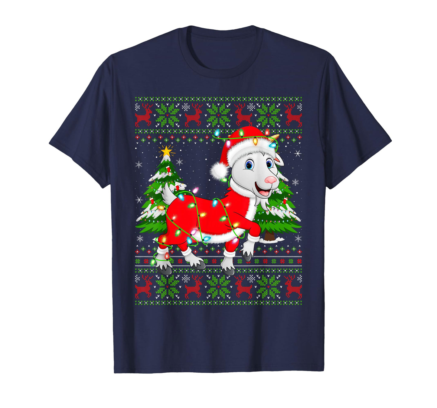 Funny Goat Christmas Lights Santa Costume Ugly Xmas Sweaters T-Shirt