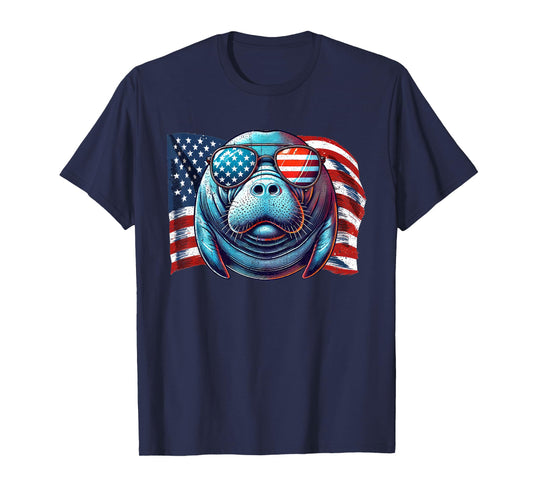 Vintage Manatee USA Flag Animals Lovers Patriotic Sunglasses T-Shirt