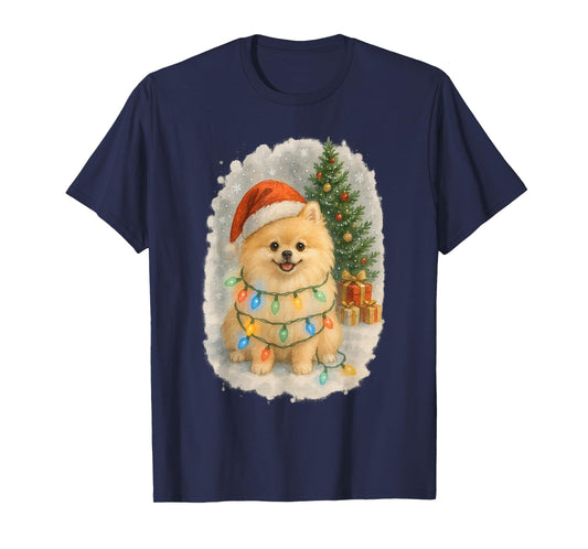 Cute Santa Pomeranian Dog Tangled in Christmas Lights Winter T-Shirt
